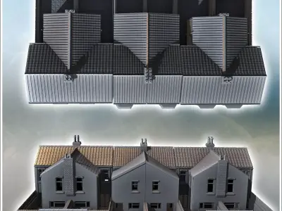 Set of three buildings with large bay windows and a backyard sur 3D print model purchase