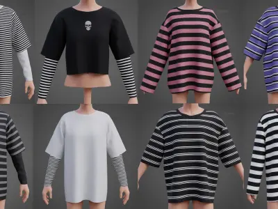 Unisex Striped Shirt Collection Harajuku T-shirt Goth Sweatshirt 3D Model Pack