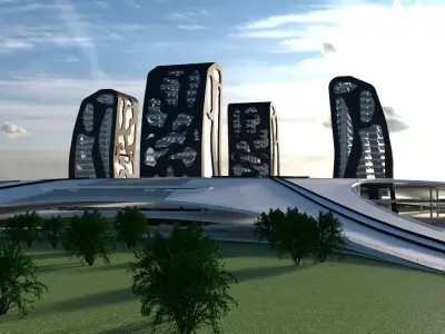 The Island futuristic building in middle of grassy field 3D model