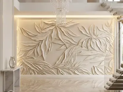 Modern Willow Leaves Relief Wall Decor Set STL Mural CNC 399 3D model