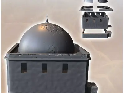 Square Eastern building with access stairs and large damaged dom 3D print model