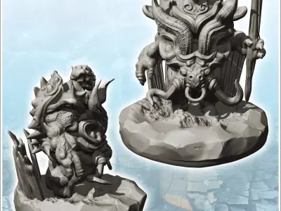 Evil creature with large belly armor with horns and wooden stick 3D print model