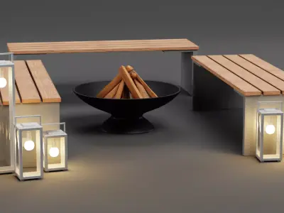 Garden Setup V2 - Modern Seating with Fire Pit and Lanterns Low-poly 3D model