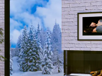 Fireplace with window White Briks Wall Free 3D model