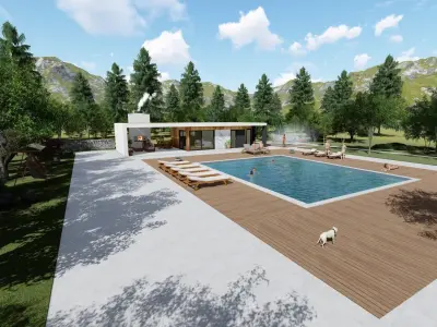 modern house with swimming pool and fireplace 3d model exterior Low-poly 3D model