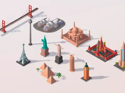 Polygonia Cartoon World Landmarks Pack Low-poly 3D model