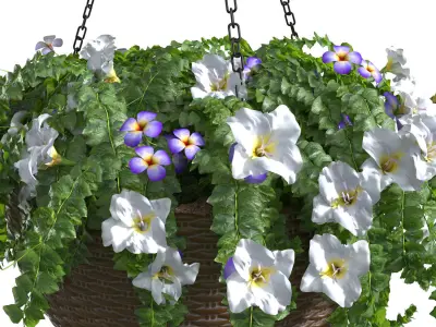 Hanging basket flowerpot rattan pot with flowers 3D model