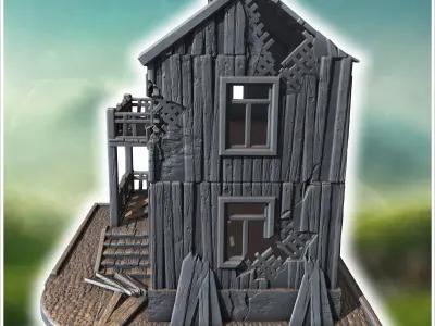 Damaged two-story wooden building with collapsed balcony broken  3D print model