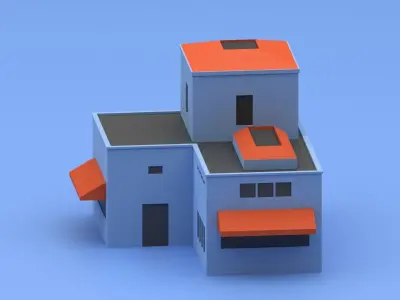 Blue-Red Low poly house exterior Low-poly 3D model