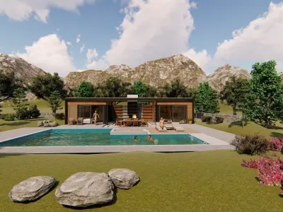 pool house with fireplace and sauna 3d model 3D model