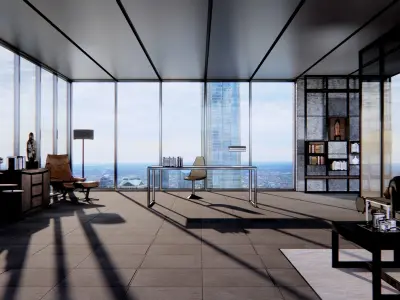 office modern living room with floor to ceiling windows 3D model