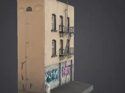 Modular Urban Building Facade with Fire Escape and Graffiti  Low-poly 3D model