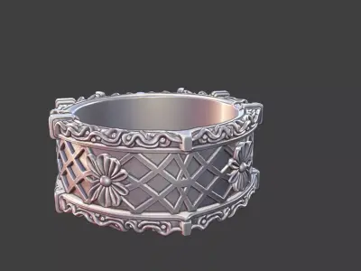Japanese Geometric Trellis Ring Silver Jewelry 3D Model 3D print model