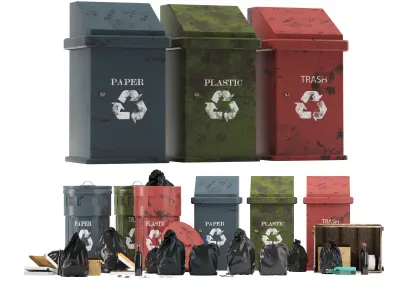 Garbage set trash cans and bags Low-poly 3D model