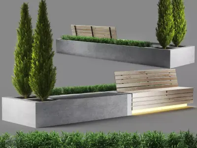 bench312 concrete bench with two trees in it 3D model
