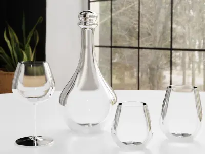 Glass Set wine glasses and decanter on table 3D model