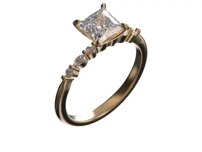 Princess Cut Diamond Split Shank Ring in 14K Yellow Gold 3D print model