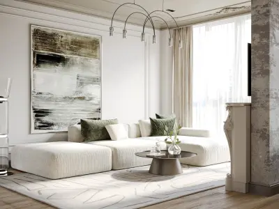 Modern living room and kitchen with a hallway  3D model