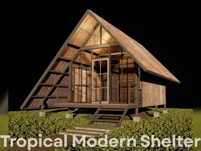 Rust Metal A-Frame Cabin on Stilts-Tropical Modern Shelter Low-poly 3D model