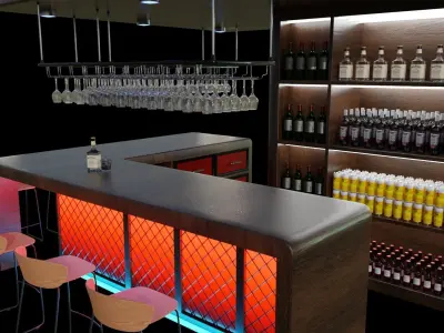 Barcounter bar with lights and chairs 3D model