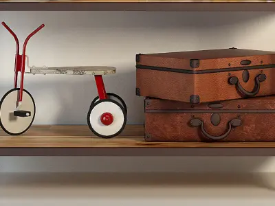 console wooden shelf with two suitcases and bicycle 3D model
