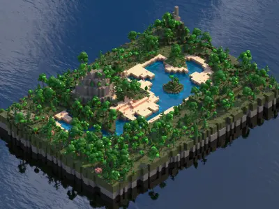 Low-poly Island in water with sun setting behind it 3D model