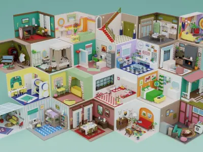 Low Poly Retro Vintage Rooms Interiors 2 Low-poly 3D model