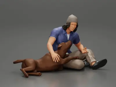 Man in a bonnet sitting crossing his legs and hugging a dog 3D print model