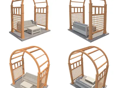 8 Pergolas Set 2 wooden arbour with sofa and chairs Low-poly 3D model