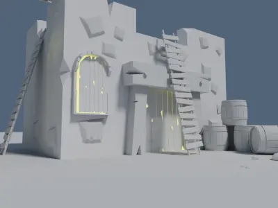 Low Poly Village street with buildings and umbrellas 3D model