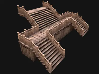 Medieval Wooden Steps Flight of Stairs Low-poly 3D model