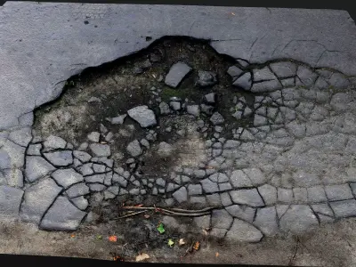 road destroyed asphalt cracked debris PBR photogrammetry 3D model