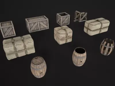 Storage props crates barrels wool bales Low-poly 3D model