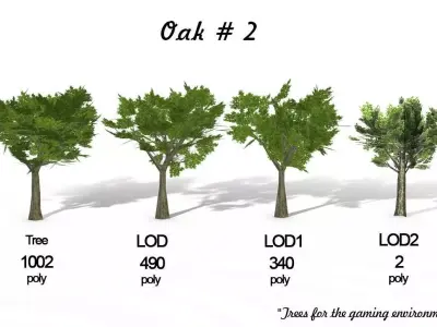 Oak 2 four trees Low-poly 3D model