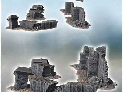Heavily damaged building with exposed interior large windows and 3D print model
