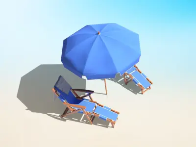 Beach Chairs Set With Umbrella Low-poly 3D model