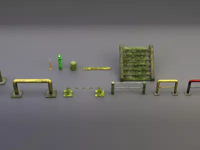 Japanese Urban Props Pack Mossy Low Poly Style Low-poly 3D model