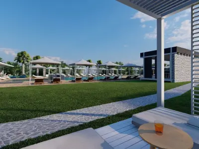 Hotel Pool Area with bar seating sunshade sunbed and lounge 3D model