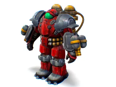 Flamethrower Heavy Combat Robot Red Space Suit Low-poly 3D model