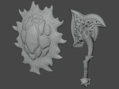 Coral Shield and Axe Low-poly 3D model