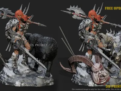 Barbarian statue of woman and wolf 3D print model
