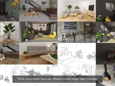 Three Living rooms  each has  different interior design style 3D Model Pack