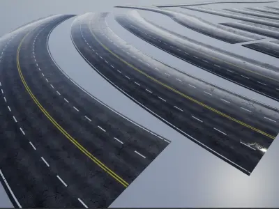 Modular Wet 4-Lane Highway Roads 4K-2K Low-poly 3D model