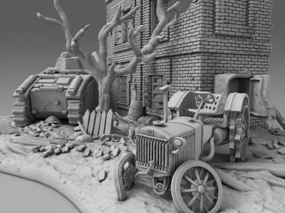 A tank near a destroyed building 3D print model