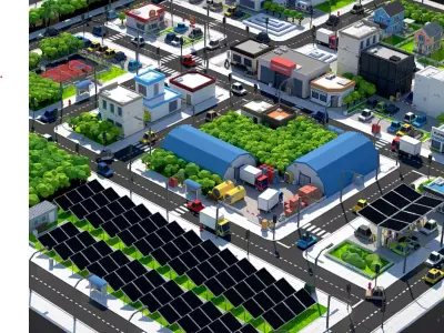 Low Poly Green Energy City  Solar Farm Wind Turbines   Eco-Town  Low-poly 3D model