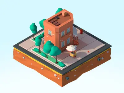 Cartoon Low Poly Brooklyn Small House Building Low-poly 3D model