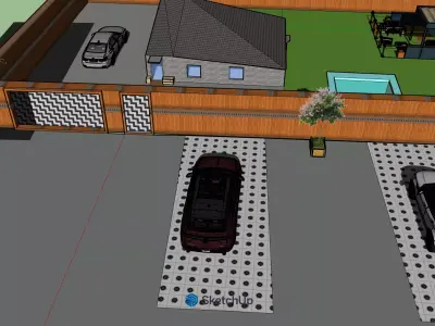 Modern House with Pool Terrace and Parking-SketchUp Model 3D model