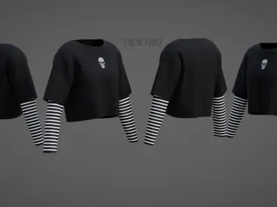 Y2K Grunge Crop top - Goth Stripes Long Sleeve 2piece punk shirt Low-poly 3D model
