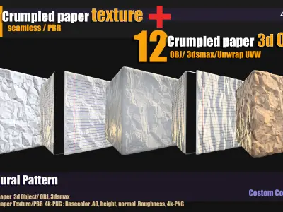 11 crumpled paper PBR texture and 12 crumpled paper 3d Object Texture