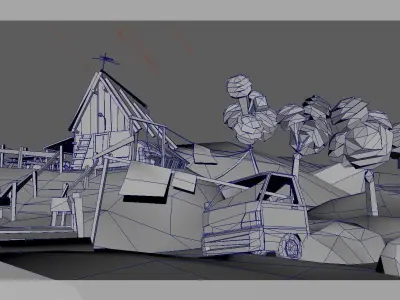Low Poly Cabin village with truck Low-poly 3D model